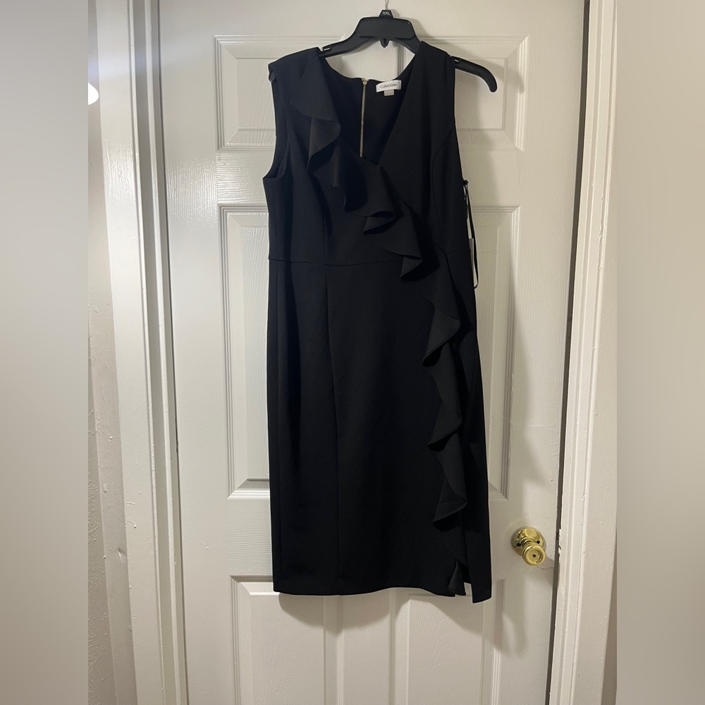 Calvin Klein Womens Black‎ Ruffle Sheath Dress CD8C11YV Sleeveless V-Neck NWT 12